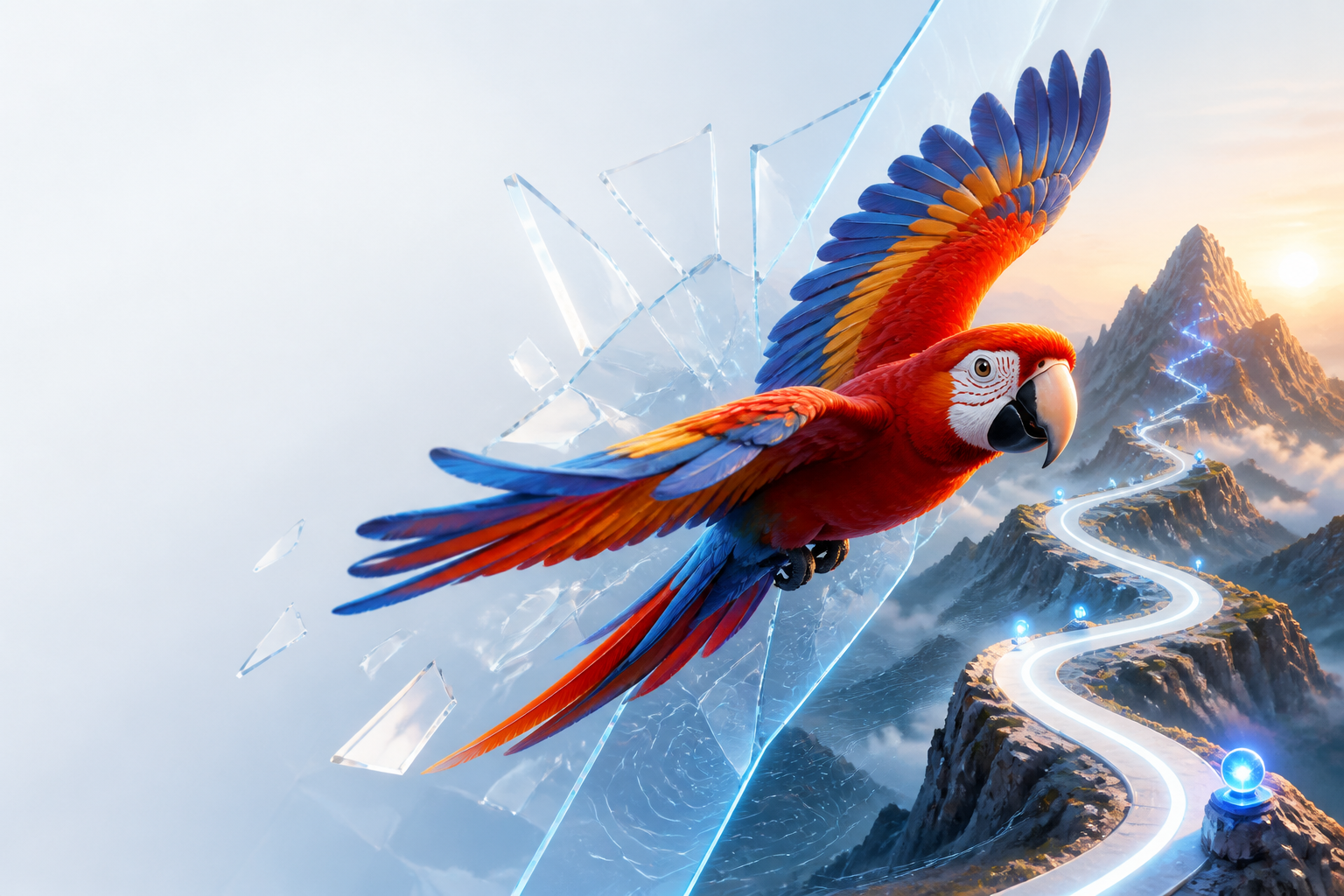 A colorful macaw breaking through a barrier toward a winding path in the mountains